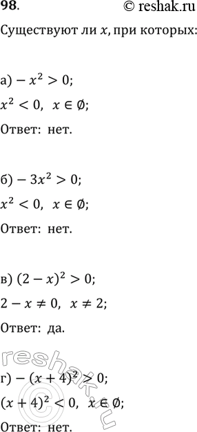 Изображение 98. Существуют ли х, при которых выражение:а)-x^2>0 б)-3x^2>0 в) (2-x)^2>0   г)-(x+4)^2>0принимает положительное...