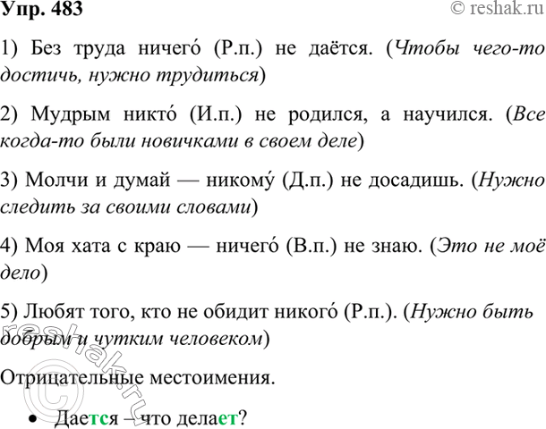 Изображение 483 Прочитайте пословицы. Объясните их смысл. В каких ситуациях иx уместно употребить?1) Без труда н..чего не даёт(?)ся. 2) Мудрым н..кто не родился, а научился. 3)...